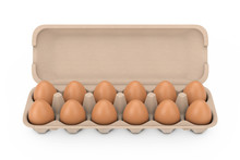 Fresh Chicken Beige Eggs In Carton Package Box Container. 3d Rendering