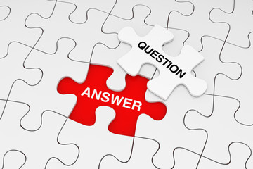 Poster - One Piece of White Jigsaw Puzzle over Plain of White Puzzle with Question and Answer Word. 3d Rendering
