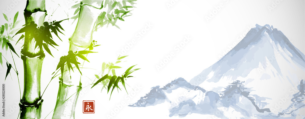 Green bamboo and far blue mountains on white background.Traditional Japanese ink wash painting sumi-e. Hieroglyph - eternity. - obrazy, fototapety, plakaty 