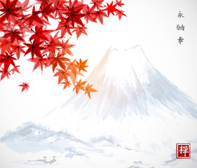 red japanese maple leaves and fujiyama mountain. traditional japanese ink wash painting sumi-e. autu