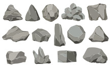 Rock Stones. Graphite Stone, Coal And Rocks Pile For Wall Or Mountain Pebble. Gravel Pebbles, Gray Stone Heap Cartoon Isolated Vector Icons Illustration Set.