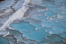 Turkey, The Calcium Pools On The Travertine Terraces At Pamukkale (Cotton Castle), Natural Site Of Sedimentary Rock Deposited By Hot Springs, Famous For Carbonate Mineral Left By Flowing Water