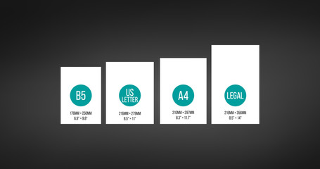 Paper Sizes. B5, US Letter A4, Legal size comparison, Paper Sheet Formats. Vector Illustration isolated on black background