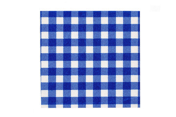 Closeup of a blue and white checkered kitchen cloth or napkin isolated on white background. Kitchen accessories. Macro.