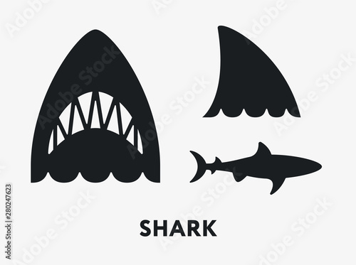 Shark Fish Jaws Tail. Flat Vector Icon Set. Poster Mural XXL