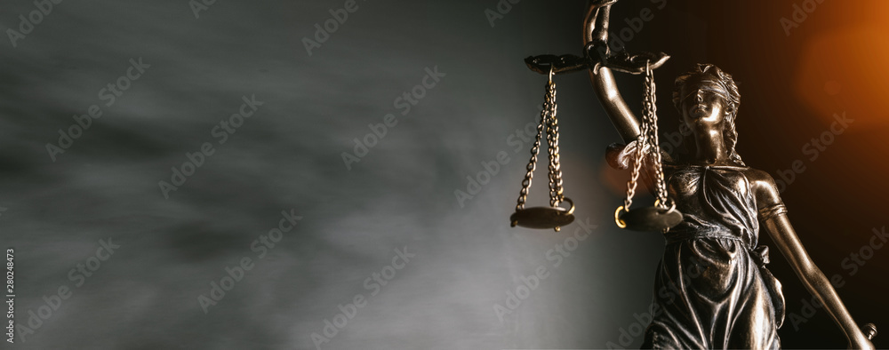 Statue of lady justice on bright background - Side view with copy space. - obrazy, fototapety, plakaty 