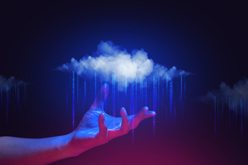 Wall Mural - hand and social data network cloud storage server floating, information internet of things, ai robot