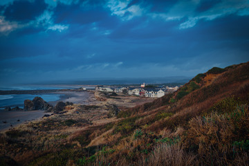  The little town of Bandon at the oregon coast, view through dunes
