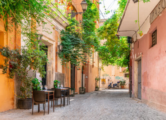 Cozy street in Trastevere, Rome, Italy, Europe.