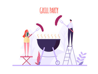 Barbecue party concept. Man and Woman at a picnic cooking a barbecue grill outdoors. Barbecue party cards or posters with picnic on white background. Vector illustration.