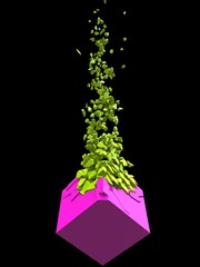 Wall Mural - Pink abstract cube shape exploding into thousand bright green pieces