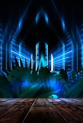 Wall Mural - night concept of a wooden table scene. tropical leaves neon light. blank poster, scene night view.