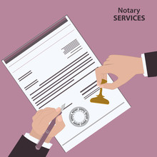 Notary Services - The Hand With A Fountain Pen Signs The Document - And The Hand Puts The Stamp - Flat Style - Vector. Registration Of Legal Documents