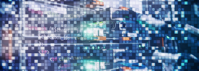 Wall Mural - Binary code on datacenter background. Cyber space concept. UniqueTechnology Wallpaper