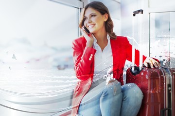 Sticker - Young woman with travel bag on background