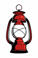Old, Vintage Kerosene Oil Lantern Lamp, Red Oil Lamp, Vector Image.