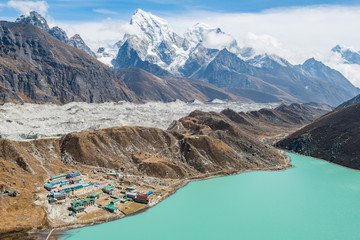 Wall Mural - Beautiful landscape of Gokyo lake and Gokyo village view from Gokyo Ri mountain (5,357 metres) in Solukhumbu region of Nepal.