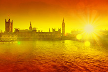 Big Ben Against Orange Sunny Background - Heat Wave In The UK
