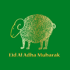 Eid-al-adha greeting card template with hand drawn sheep isolated on green background