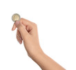 © New Africa - Young woman holding coin isolated on white, closeup