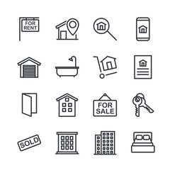 Aufkleber - Real Estate Related Vector Line Icons set. Contains such Icons as For Rent Sign, Bedrooms, Office, Location and more for graphic and web design.