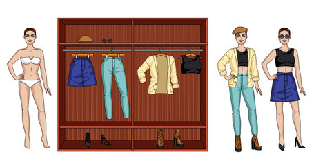 Wall Mural - Color vector illustration of a female modern wardrobe for the autumn. A woman standing next to a closet with clothes. Two urban outfits for a female wardrobe. Female doll with clothes and wardrobe