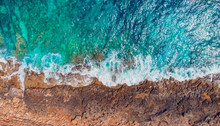Tropical Coral Beach, Azure Water, Turquoise Sea. Aerial Top View