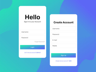 Mobile UI kit. Sign up form, Sign in form for app development, smartphone mockups and wireframes.