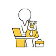 bear worker, businessman sitting and working with laptop speech bubble yellow stick figure