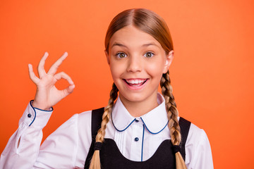 Poster - Close-up portrait of her she nice attractive lovely confident content cheerful cheery glad pre-teen girl showing ok-sign ad advert isolated over bright vivid shine orange background