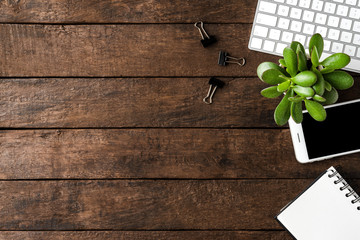 Business workspace with accessories. Office desktop. Top view