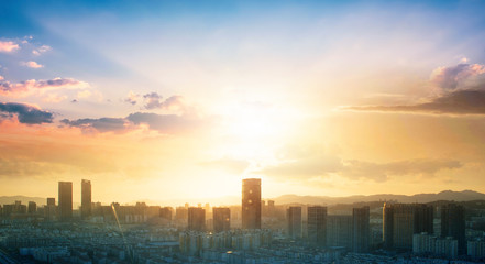 World Cities Day concept: Abstract  view city on twilight color sky and clouds cityscape background