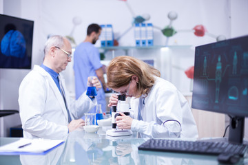 Female and senior scientist working together in a research laboratory