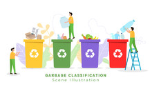Garbage Sorting And Garbage Collection - Vector Illustration，small Little People Throw Garbage In Containers. Sorting Garbage Waste. Plastic, Paper, Organic. E-waste. Environmental Protection, Ecology
