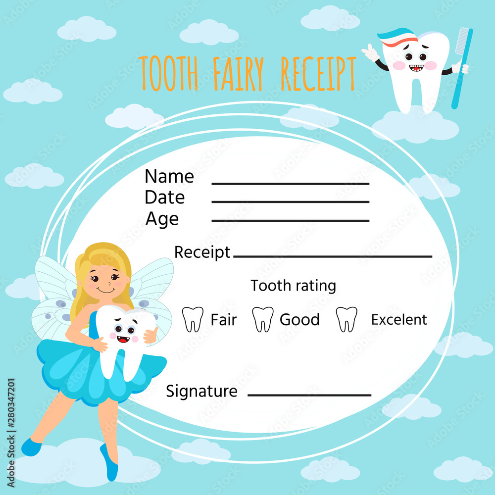 Cute tooth fairy receipt certificate. Diploma fun design from the dentist  for children who loose their baby teeth. Vector illustration Stock Vector |  Adobe Stock, image size:1000x1000