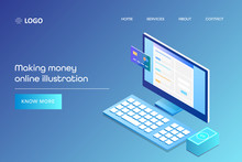 Isometric Desktop Computer Displaying Website On Screen, With Credit Card And Money, Make Money Online 3d Style Concept, Web Banner With Text.