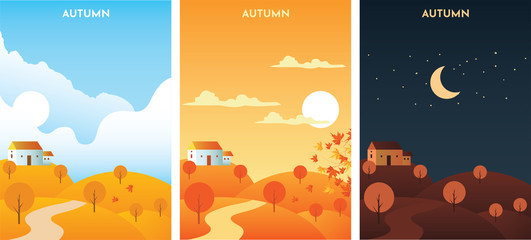 Autumn Landscape at sunrise, sunset and night. Autumn Season banners set template vector illustration.