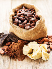 Natural cocoa beans, powder, chocolate and butter on a old wooden background