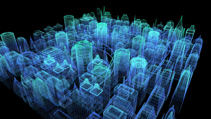 Fototapete - Futuristic holographic city digitally generated image virtual reality matrix particles in cyber space background environment