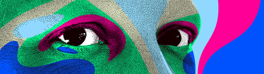 Looking eyes 8 bit dotted design style vector abstraction, human face stylized design element, with colorful splats.