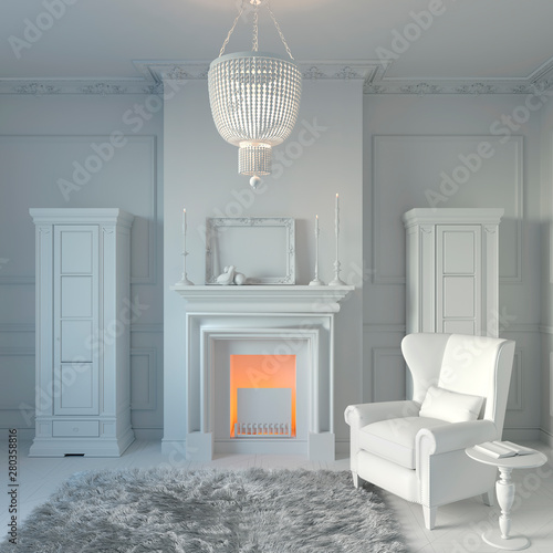 3d Illustration Private Cabinet With Fireplace And Library In