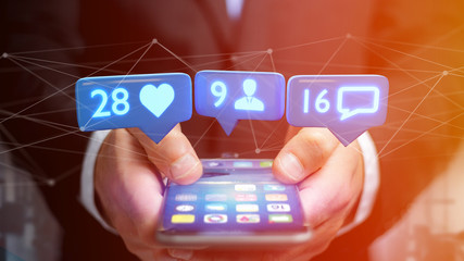 Wall Mural - businessman using a smartphone with a like, follower and message notification on social network - 3d