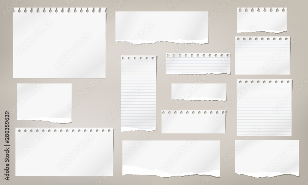 Set of torn white note, notebook lined and blank paper pieces stuck on light brown background. Vector illustration - obrazy, fototapety, plakaty 