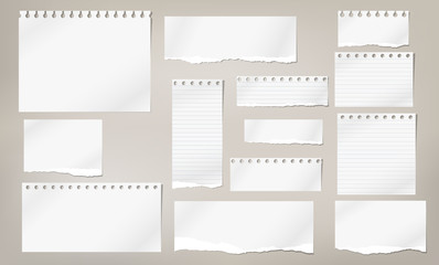 set of torn white note, notebook lined and blank paper pieces stuck on light brown background. vecto