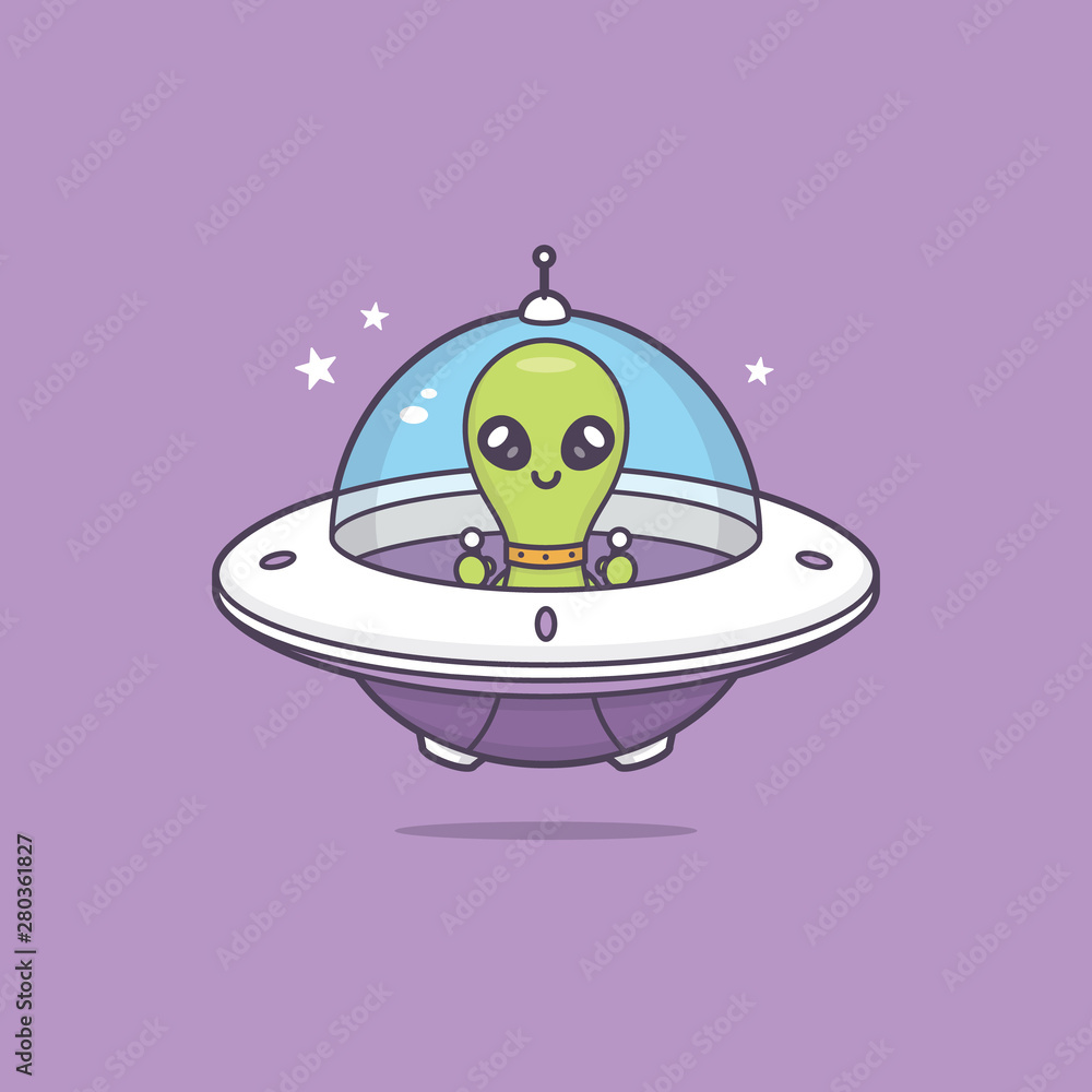 Cute kawaii alien in space ship vector cartoon illustration - obrazy, fototapety, plakaty 