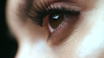 Wall Mural - Beauty woman eye makeup closeup. Beautiful holiday make-up for brown eyes. False eyelashes. Slow motion 4K UHD video footage. 3840X2160