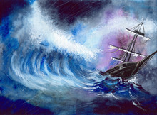Watercolor Illustration Of The Ship In The Storm, Gigantic Waves, Rainy Grey Clouds And Moody Atmosphere