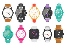 Classic Men's And Women's Watches Set Of Vector Icons. Watch For Businessman, Smartwatch And Fashion Clocks Collection.