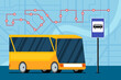 Yellow futuristic city transport bus on road near bus stop station sign on map with traffic navigation route location marker scheme. Vector flat illustration for passenger traffic service