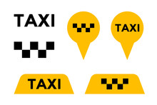 Taxi Cab Service Vector Icon Set. Yellow Signboard And Pin Signs Of Passenger City Transport Markers. Vector Illustration